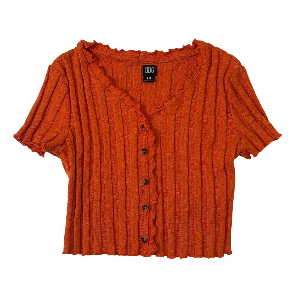 BDG women's Orange Short Sleeve V Neck Cropped Ribbed Shirt